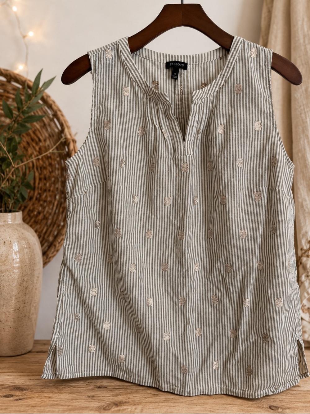Talbots Striped Sleeveless Metallic Dot Cotton Top Medium